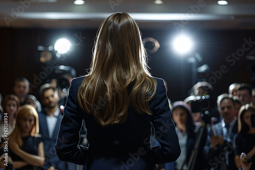 ack view of a woman addressing a crowd of reporters in a dark room photo