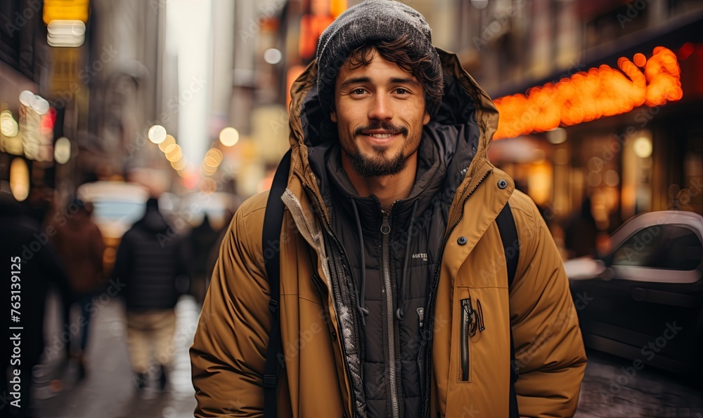 Man Standing on City Street in Rain