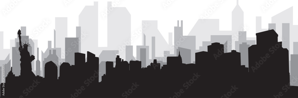 Black cityscape skyline panorama with gray misty city buildings background of NEW YORK, UNITED STATES