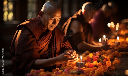 Monk Lighting Candles in Temple