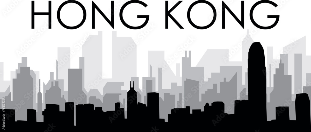 Black cityscape skyline panorama with gray misty city buildings background of HONG KONG, CHINA