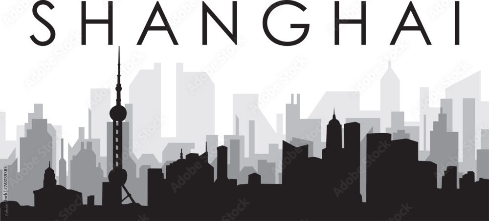 Black cityscape skyline panorama with gray misty city buildings background of SHANGHAI, CHINA