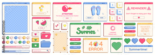 Set of Y2K summer theme retro computer windows, buttons, messages and other holiday and vacation interface elements with cheering phrases. Vector illustration.