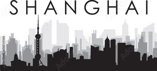 Black cityscape skyline panorama with gray misty city buildings background of SHANGHAI  CHINA