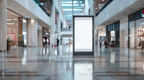 A blank white vertical stand up poster display in the middle of an indoor shopping mall with dining