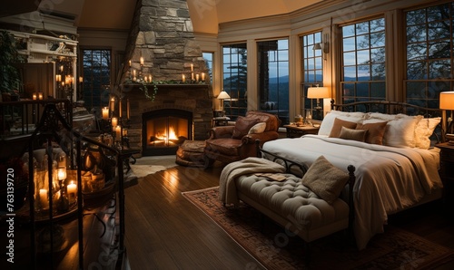 Bedroom With Fireplace and Bed