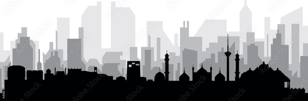 Black cityscape skyline panorama with gray misty city buildings background of NEW DELHI, INDIA