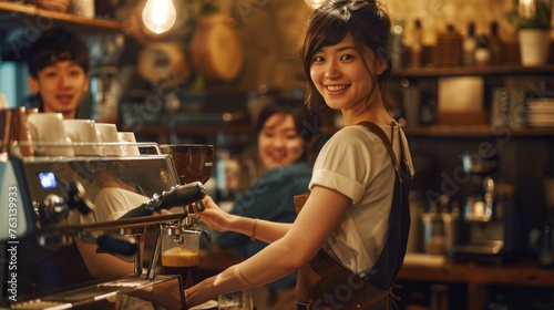 Woman Operating Coffee Machine in Cafe