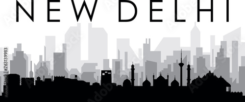 Black cityscape skyline panorama with gray misty city buildings background of NEW DELHI, INDIA