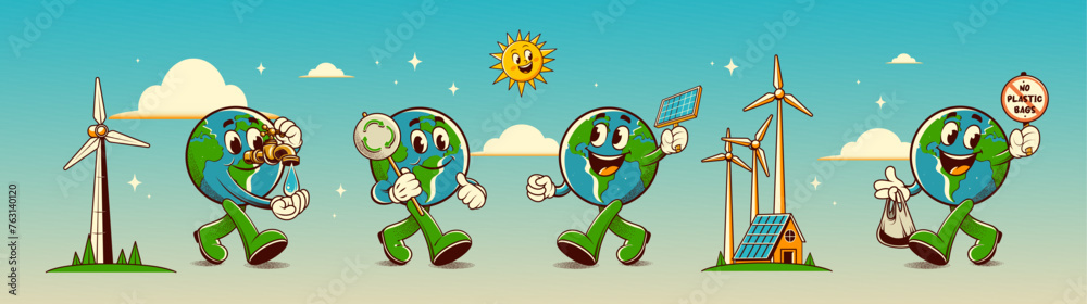 Obraz premium Stickers in trendy retro style. Сaring for the environment. Earth day concept. Walking happy cute Save Earth planet character mascot. Vector illustration 