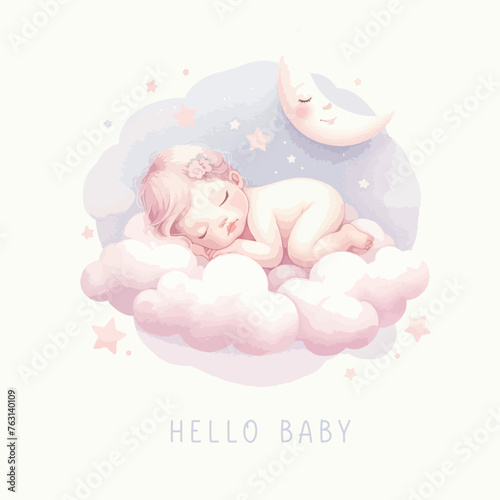 Cute baby shower watercolor invitation card with sleeping newborn on cloud.