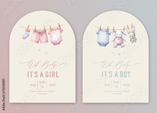 Cute arch baby shower watercolor invitation card for baby and kids new born celebration. Its a girl, Its a boy card with baby dress on rope.