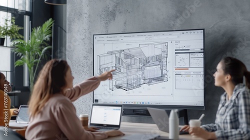 Design team analyzing architectural draft. A group of designers analyze an architectural sketch on a large screen during a team meeting