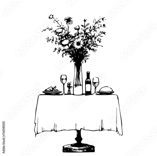 Table setting set. Romantic dinner, food, flowers