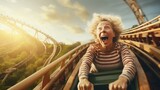 Happy senior woman on roller coaster having fun, with copy space for text or captions