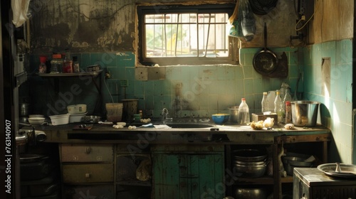 Kitchen in a state of extreme dirt and unhygienic conditions photo