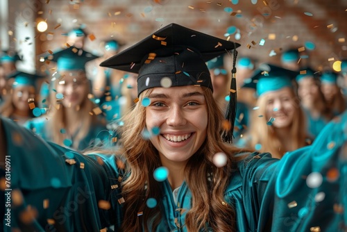 A joyful female graduate taking a celebratory selfie with confetti and classmates in the background