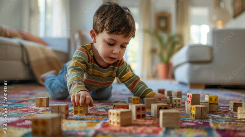 Little boy playing with wooden block toys