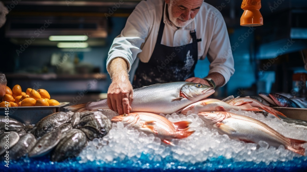 Seafood market scene fishmonger with fresh fish and shellfish emphasizes quality