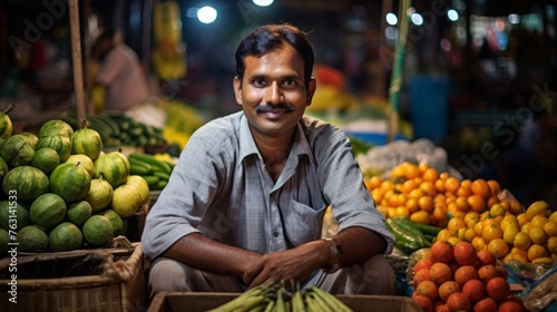Vibrant street market scene with vendor among fruits vegetables and textiles