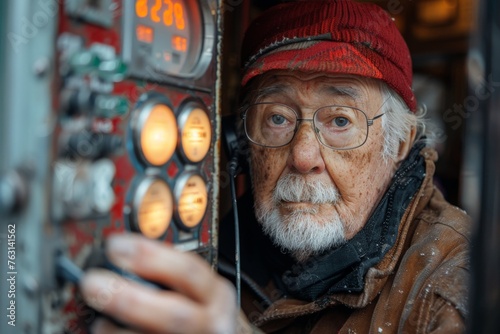 A focused elderly man operating complex vintage machinery, surrounded by dials and gauges