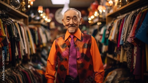 Vintage clothing store owner among retro fashion capturing 60s to 80s style