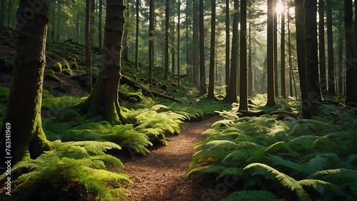 Path in a green forest with fog and ferns at sunrise