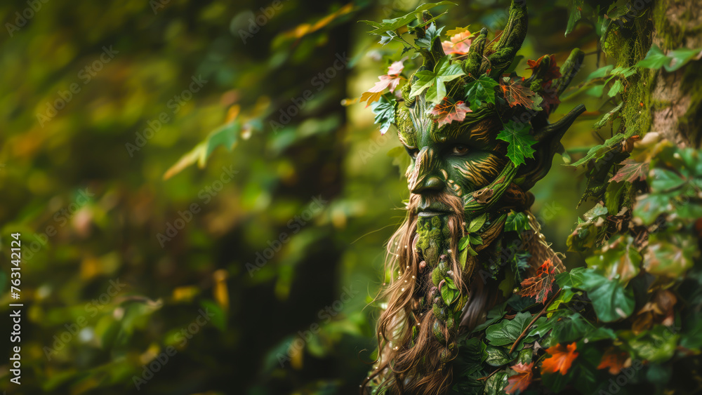 Forest Keeper, Nature Spirit, Leshy. Mythological creature with Bark and Leaves on Its Face.  Banner for Earth Day - obrazy, fototapety, plakaty 