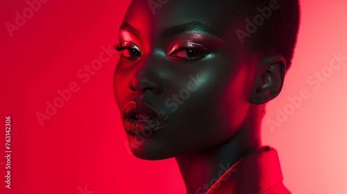 Stylish African American Woman in Red Background Studio Portrait
