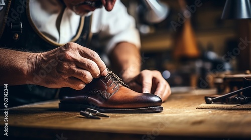 Artisan shoemaker crafts leather shoe showcasing shoemaking artistry