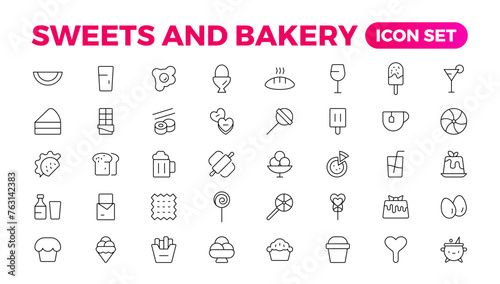 Sweets & Bakery icon set. Food icon collection. Containing meal, restaurant, dishes, and fruit icons. Set of outline icons related to food and drink. Linear icon collection. Outline icon collection.