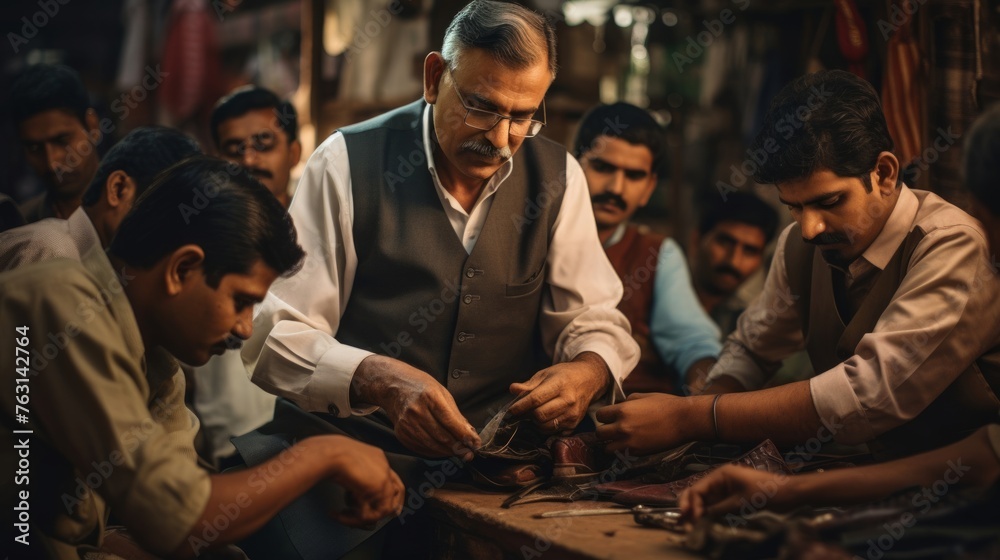 Workshop on shoe care by shoemaker engaging customers in leather upkeep
