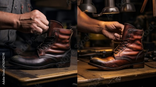 Shoemaker restores vintage leather boots showing before and after transformation