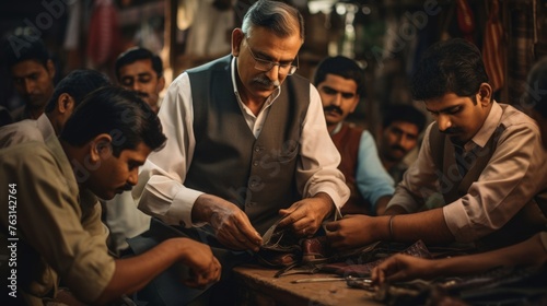 Workshop on shoe care by shoemaker engaging customers in leather upkeep