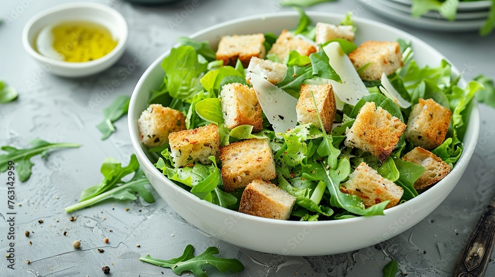 Top-View Minimalist Caesar Salad with Croutons on White Tableware
Top-View Minimalist Caesar Salad with Croutons on White Tableware