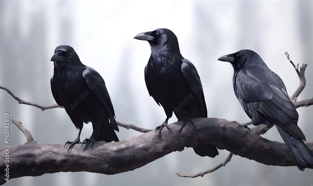 Naklejka premium Three black crows on the tree branch in the forest.