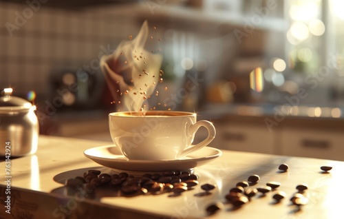 A warm, inviting photo capturing a steaming cup of coffee surrounded by scattered coffee beans on a kitchen counter during golden hour