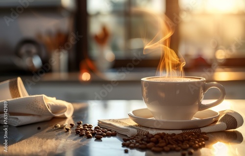 A steaming coffee cup sits amidst scattered beans with warm lights in the blurred background, creating a cozy atmosphere