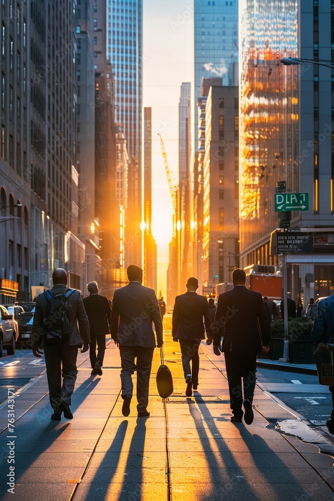 Urban Commute: Businesspeople Walking to Work at Sunrise Urban Commute: Businesspeople Walking to Work at Sunrise