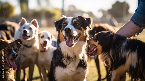 Dog park training session trainer manages diverse breeds with playful action