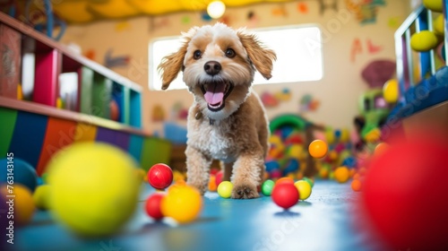 Dog trainer supervises playtime at daycare group of dogs with toys