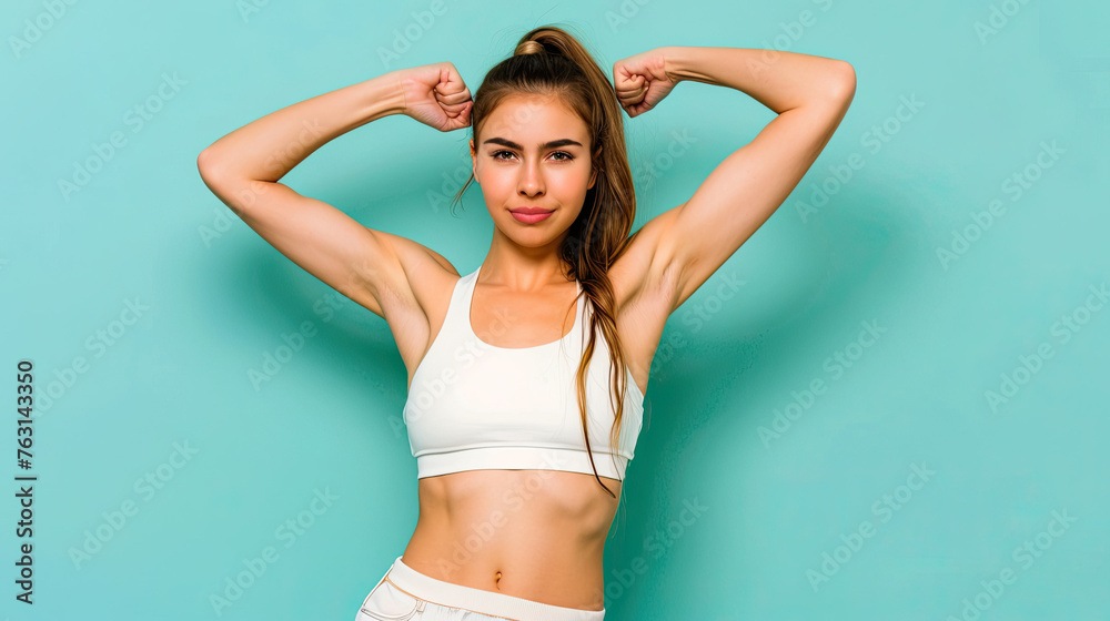 Fototapeta premium Young caucasian fitness woman doing sport isolated showing strength gesture with arms on pastel blue background