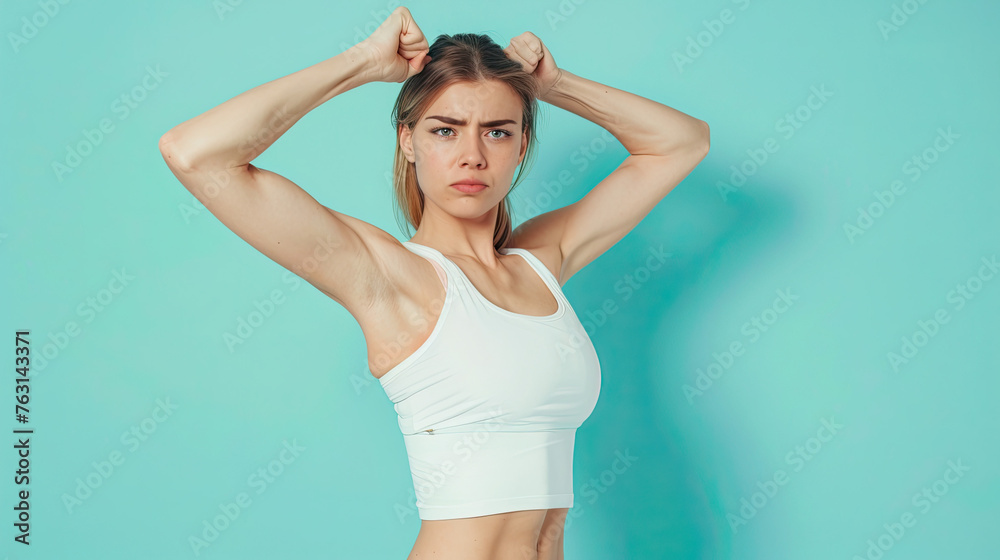 Young caucasian fitness woman doing sport isolated showing strength gesture with arms on pastel blue background