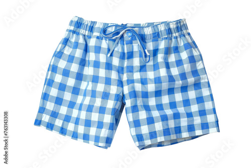Blue and White Checkered Shorts on White Background