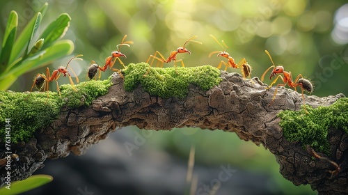 Collaborative effort, ant colony building a bridge. Generative Ai photo