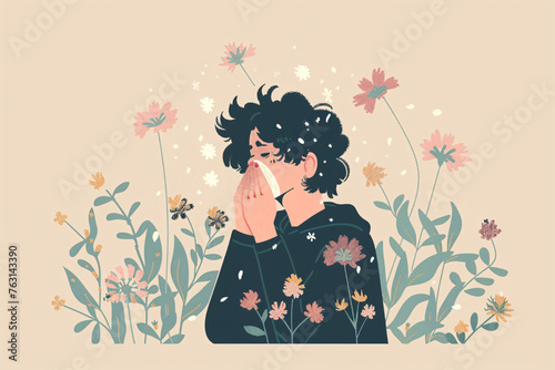 Cartoon of person with flowers sneezing into a tissue allergy and hay fever