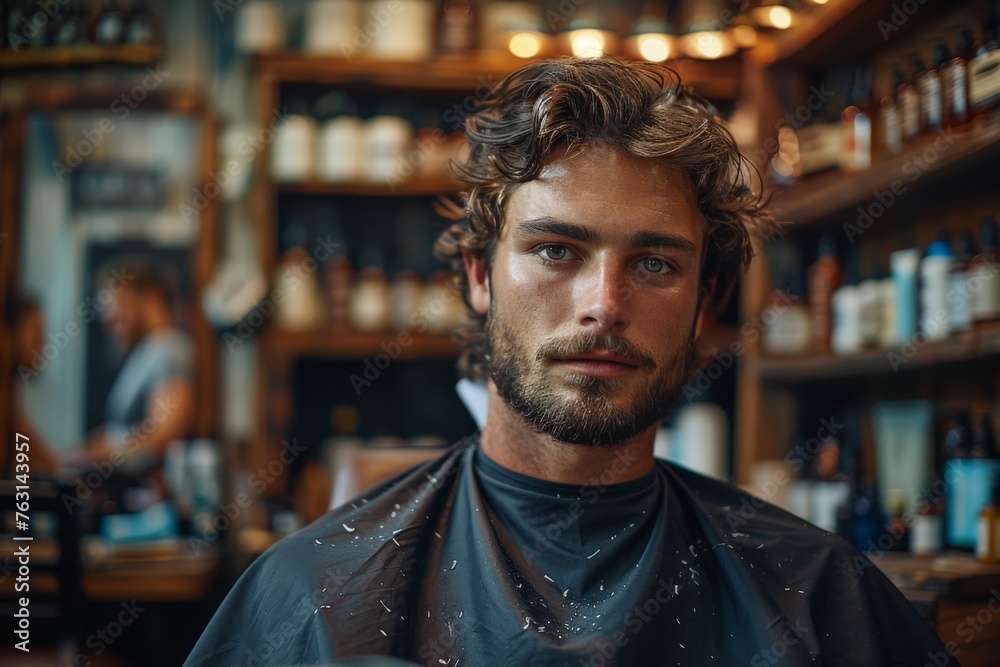 A young man with curly hair sits in a barbershop with styling products in the background, gazing at the camera A young man with curly hair sits in a barbershop with styling products in the background, gazing at the camera