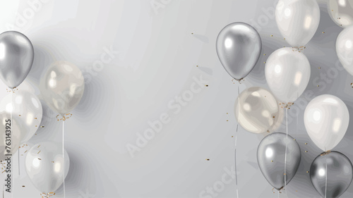 White and silver balloons with ribbons on white background. Vector illustration. © 酸 杨