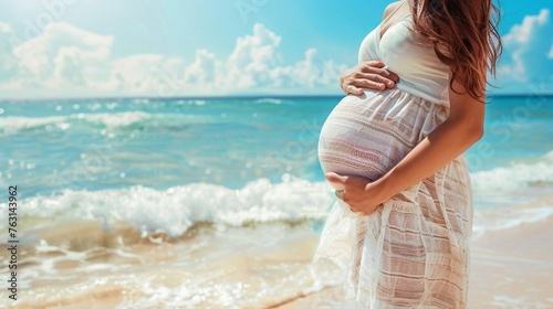 Pregnant Woman Embracing Belly: Serene Beach Maternity Moment