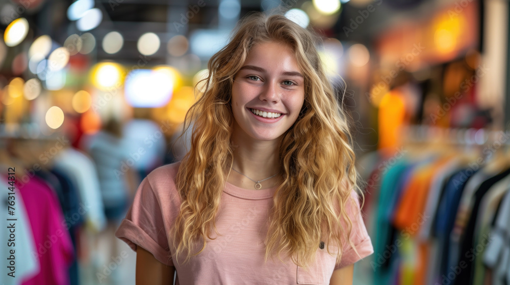 Radiant young woman smiling while enjoying a shopping spree at a mall with colorful retail background. Radiant young woman smiling while enjoying a shopping spree at a mall with colorful retail background.
